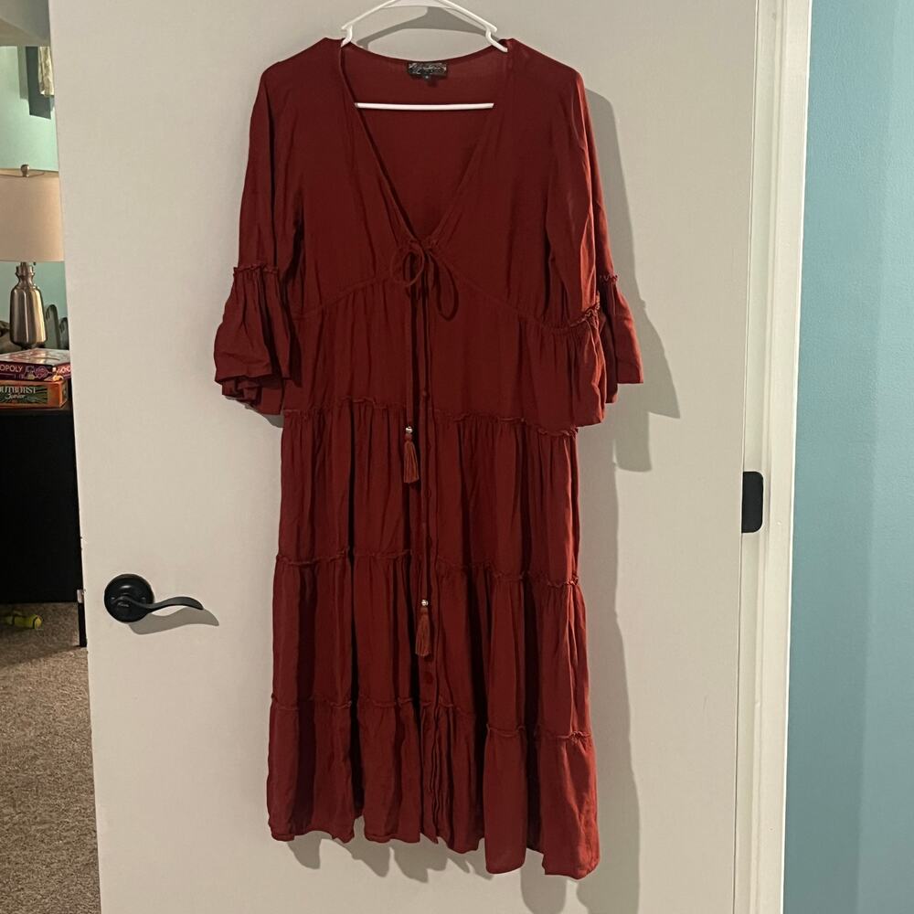 Rust Tiered Midi Dress Tassel Tie Peasant Cottagecore Boho Festival S